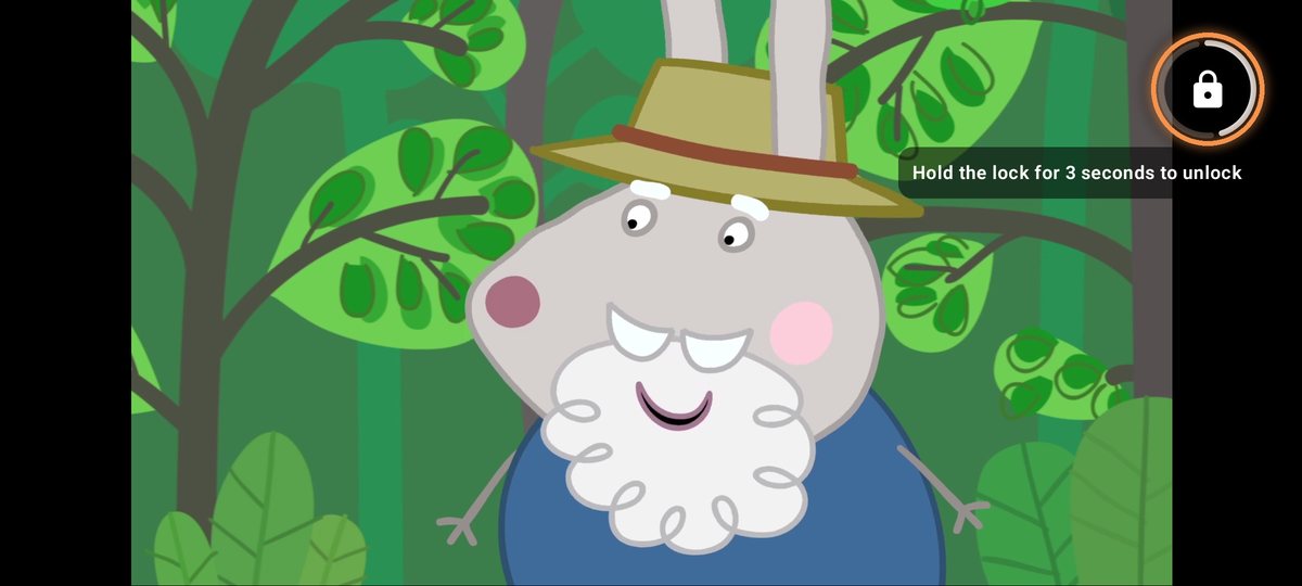 Bonbon in cinema mode, in landscape: a parent holds the lock, the ring fills, and the hint says to hold for 3 seconds to unlock