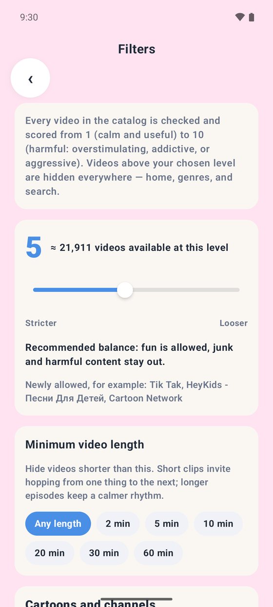 Bonbon Filters page: the strictness bar at the recommended level 5 with the number of videos available, and minimum video length options