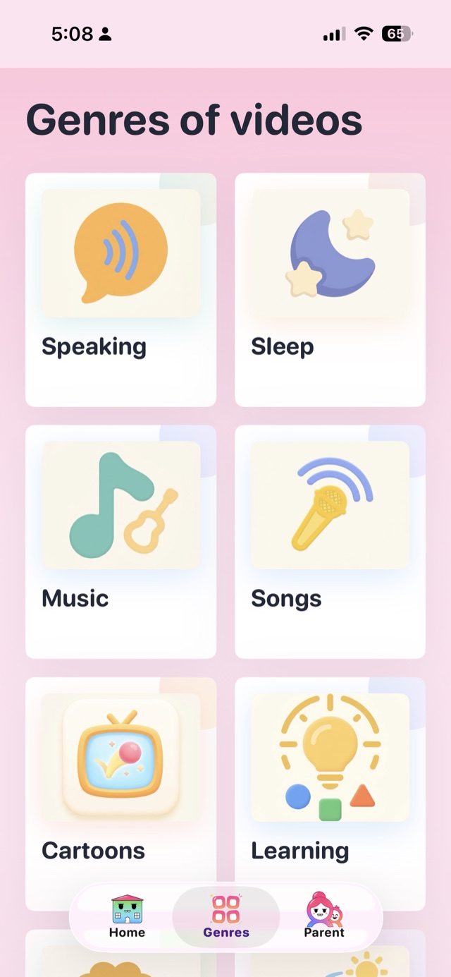 Bonbon genres screen: Speaking, Sleep, Music, Songs, Cartoons, Learning